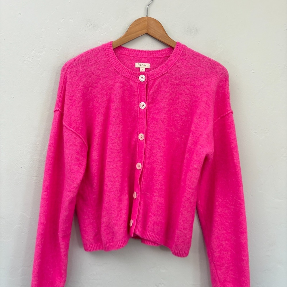 Anthropologie Pilcro Wool Blend Cardigan Sweater Women Size Medium Hot Pink - Picture 2 of 13